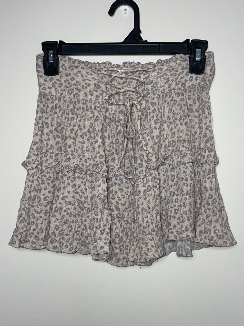 Olivaceous S Lace Up Tie Front Ruffle Tiered Leopard Print Purple Mini Skirt